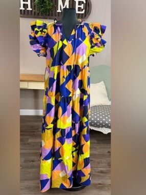 Peach Love California Colorblock Geometric Maxi Dress in Yellow, Purple, Navy